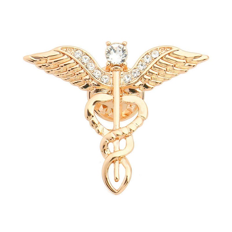 QIAN0813 Medical Symbol Caduceus Stethoscope RN Nursing Badge Brooches Lapel Pin for Registered Nurse Doctor Rod Of Asclepius Emergency Brooch Jewelry (Angel Wing-Gold) - Image 1